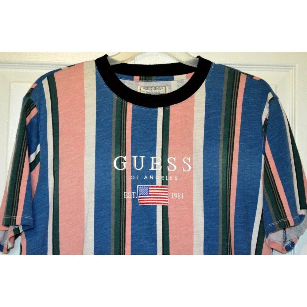 Guess LA Striped‎ T-Shirt Short Sleeve Embroidered Logo &  American Flag Men's L - Picture 2 of 13
